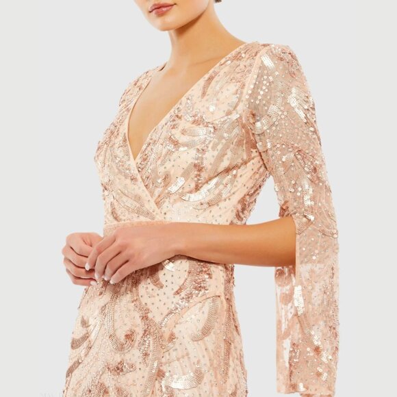 Mac Duggal 5222 Size 14 Rose Gold Pink V-Neck Sequin Beaded Maxi Long Gown Dress - Picture 3 of 4